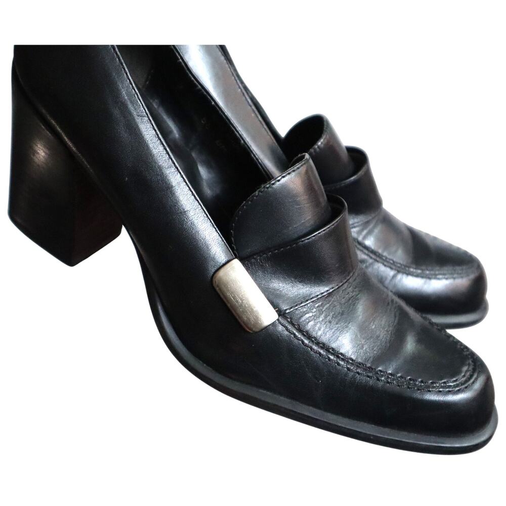 Apostrophe Black Leather Block Heel Loafers with Silver Accent